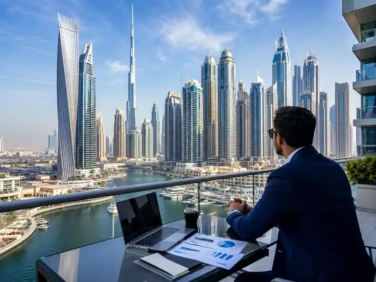Férfi Dubai városi panorámát néz erkélyről, előtte laptop és befektetési dokumentumok
