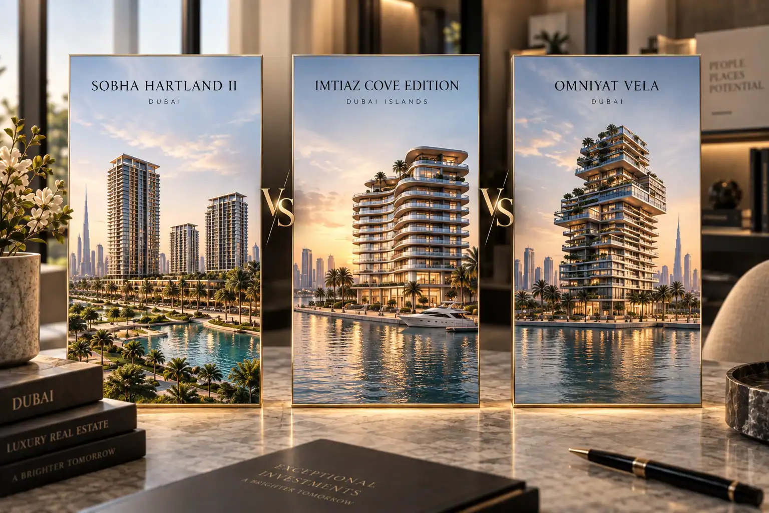 Dubaji off-plan projektek vizuális összehasonlítása, középen VS jelzéssel