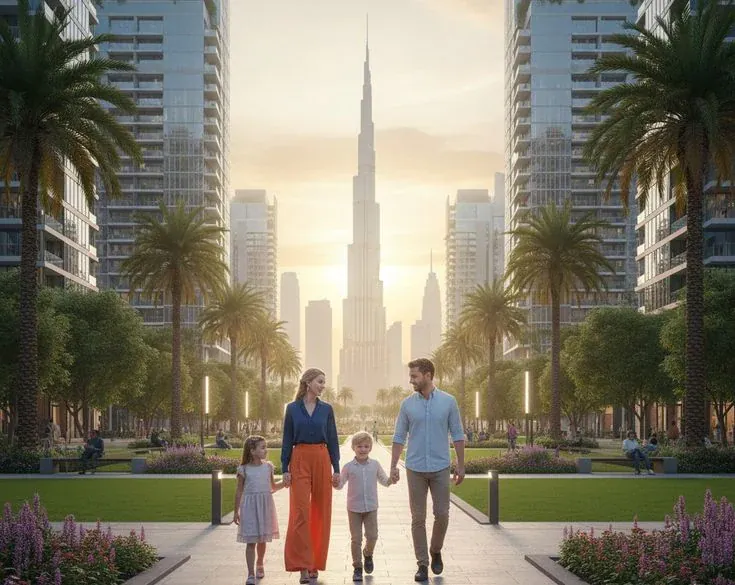 Család sétál modern dubaji sétányon, háttérben a Burj Khalifa