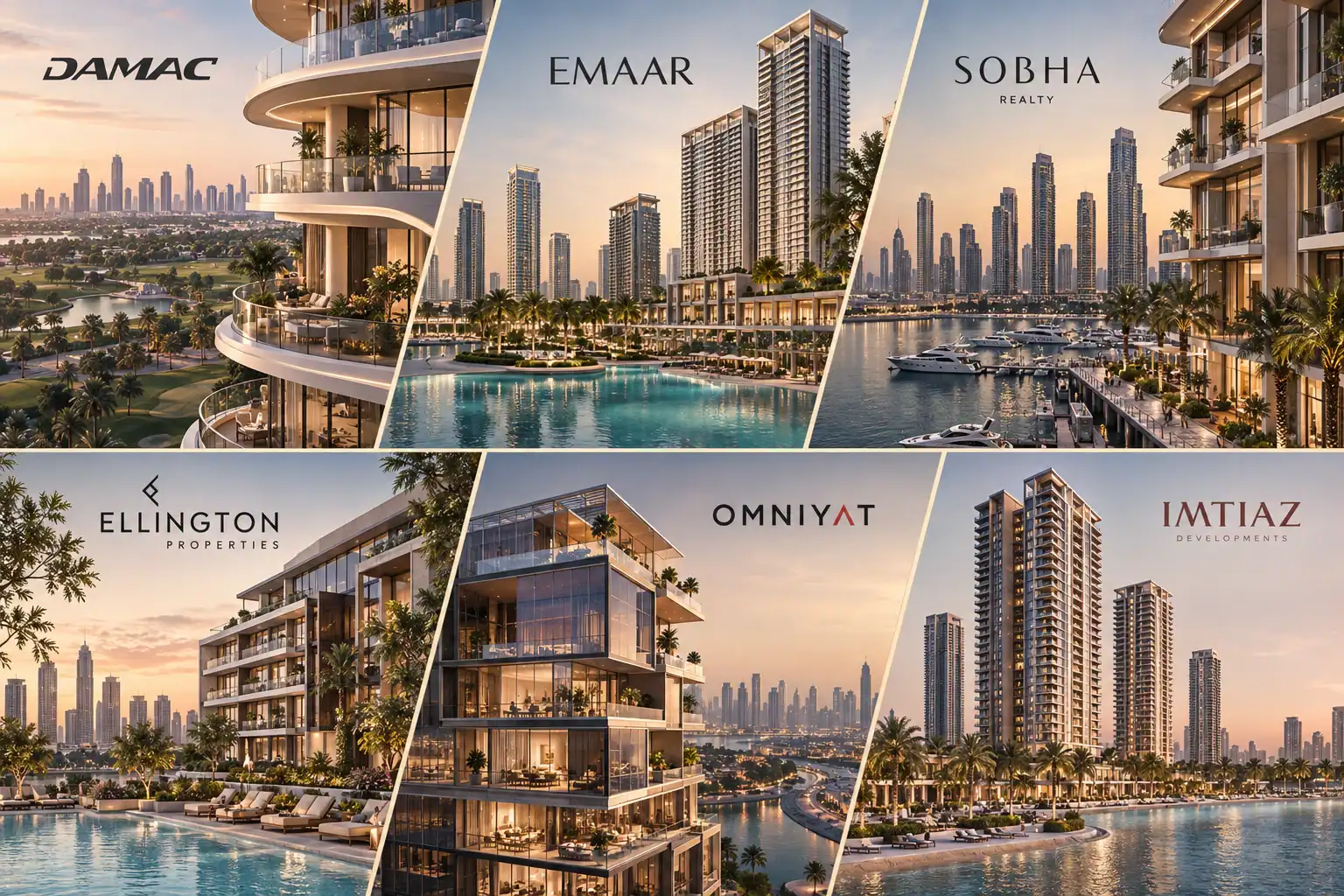 Válogatott dubaji off-plan projektek és vezető ingatlanfejlesztők vizuális összeállítása
